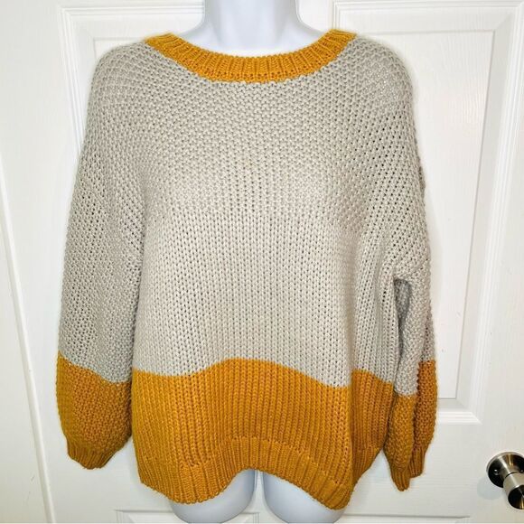 Elodie CrewNeck Colorblock Chunky Knit Sweater Balloon Sleeve Gray Mustard S - Picture 3 of 13